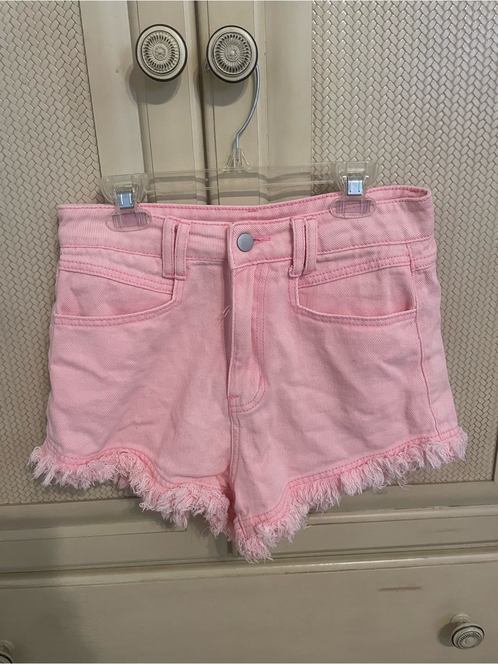 Amazon Women's Pink Frayed Hem Denim Shorts
